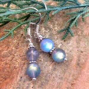 Nature Labradorite Flashy Double Round Beads 925 Dangle Earring